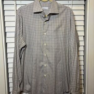 Peter Millar Beige and Blue Checkered Shirt, large, 100% cotton, like new!